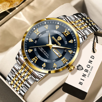Relógio de pulso de luxo BINBOND com movimento de quartzo para homem – Impermeável, luminoso, com indicação do dia da semana – Estilo empresarial, desportivo, moderno e casual