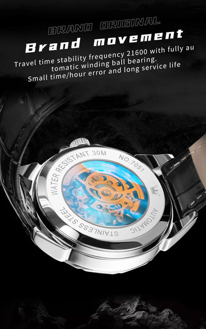 OLEVS 7051 Fashion Men's Watch Leather Strap 30M waterproof Hollow HD Luminous Automatic Mechanical Wristwatch for Men