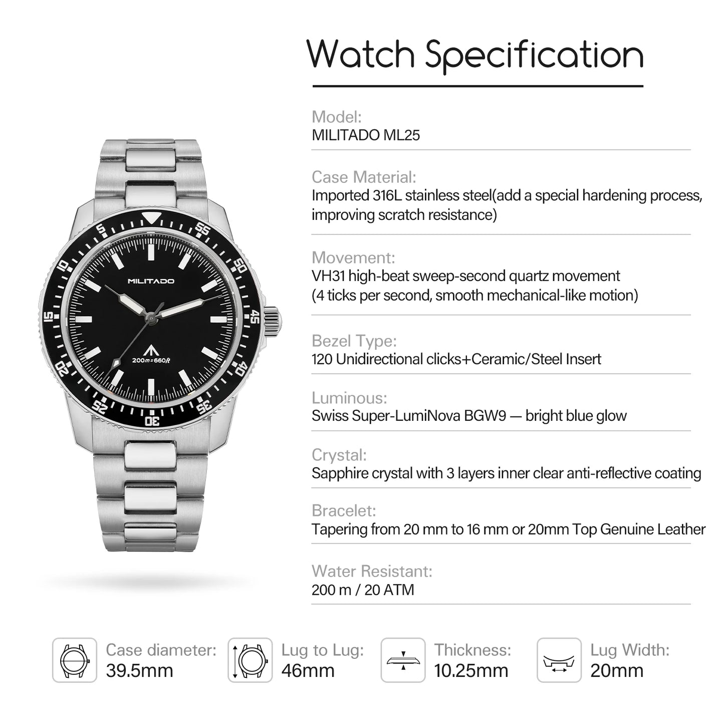 MILITADO  ML25 Quartz Dive Watch VH31 Sweep Second Sapphire Crystal 200M Waterproof BGW9 Lume Ceramic Bezel Men Watch