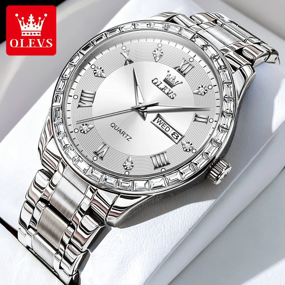 OLEVS 9906 kvartsur til mænd, firkantet model med diamanter, armbånd i rustfrit stål, vandtæt, med dobbelt kalender; et originalt luksusarmbåndsur, der er ideelt til erhvervslivet.