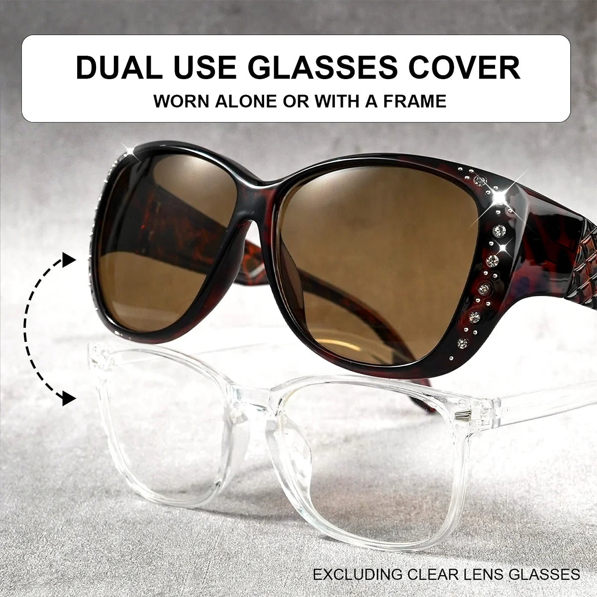Sunglasögon med strass som passar över vanliga glasögon – Modesolglasögon som passar över – Glittrande, överdimensionerade, leopardmönstrade, fyrkantiga glasögon