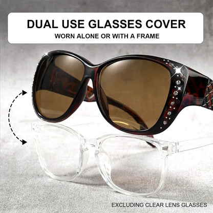 Sunglasögon med strass som passar över vanliga glasögon – Modesolglasögon som passar över – Glittrande, överdimensionerade, leopardmönstrade, fyrkantiga glasögon