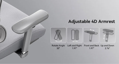 NEWTRAL NT002 Ergonomic Chair, Adaptive Lower Back Support, Adjustable Armrest Headrest Footrest, Gray, Cushioned 4D Armrest
