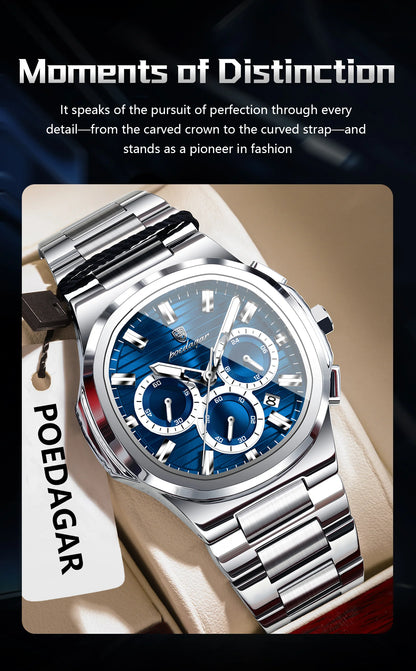 POEDAGAR Business Man Wristwatch Date Chronograph Waterproof Luminous Luxury Men Watch Stainless Steel Quartz Men's Watches Male