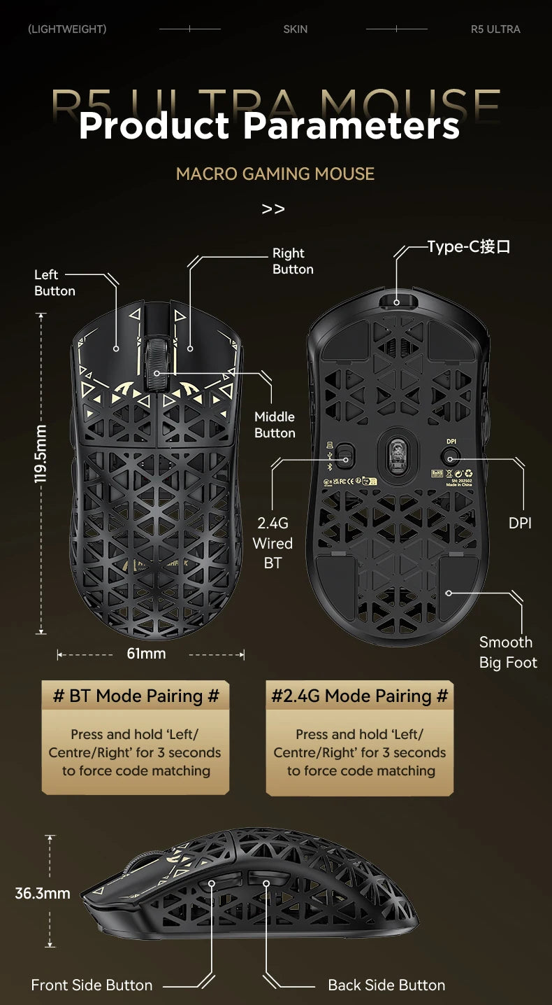 ATTACK SHARK R5 Ultra Carbon Fiber bezdrátová herní myš, herní snímač PixArt PAW3950MAX, 42000DPI, 8000Hz, MCU Nordic 52840