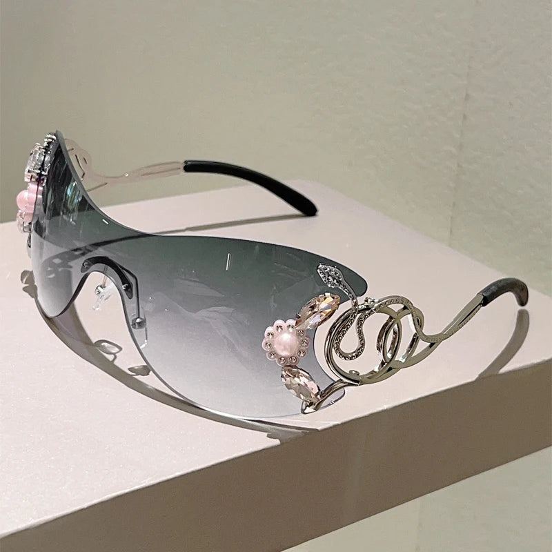 Ochelari de soare KAMMPT fără ramă Y2k cu strasuri, pentru femei, monobloc, pentru activități în aer liber, cu design la modă și lentile cu gradient