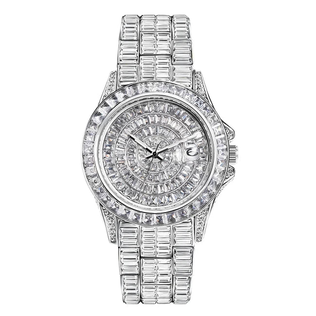 Full Iced Out Watches For Men Luxury Handmade Mosaic Diamond Silver Steel Watch Fashion Hip Hop Silver Automatic Date Male Clock