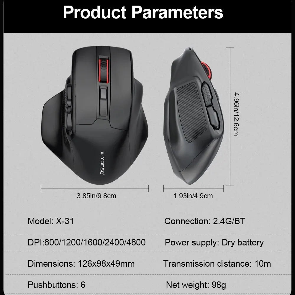 E-YOOSO X-31 Pro USB Gaming Large Mouse Support Bluetooth 2.4G Wireless PAW3212 4800 DPI for Gamer Mice Computer Laptop PC