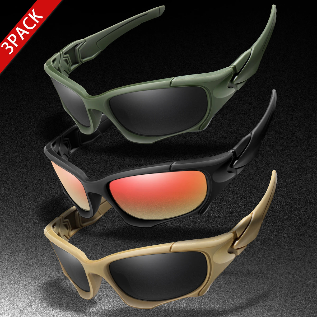 3-PACK Trendiga Outdoor Tactics-sportglasögon för män och kvinnor – cykelglasögon, bilkörning, camping, resor – färgglada skyddsglasögon