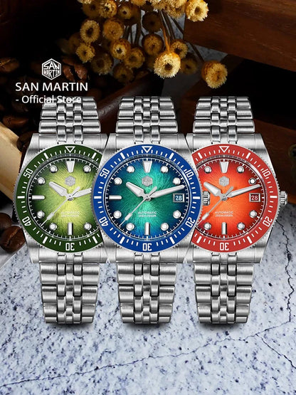 San Martin 37,5 mm 40 mm emajlirana ura z vzorcem spirale in vrtinca za moške, luksuzna potapljaška ura, Miyota 9015, avtomatski mehanski mehanizem, vodoodporna do 200 m, SN0148