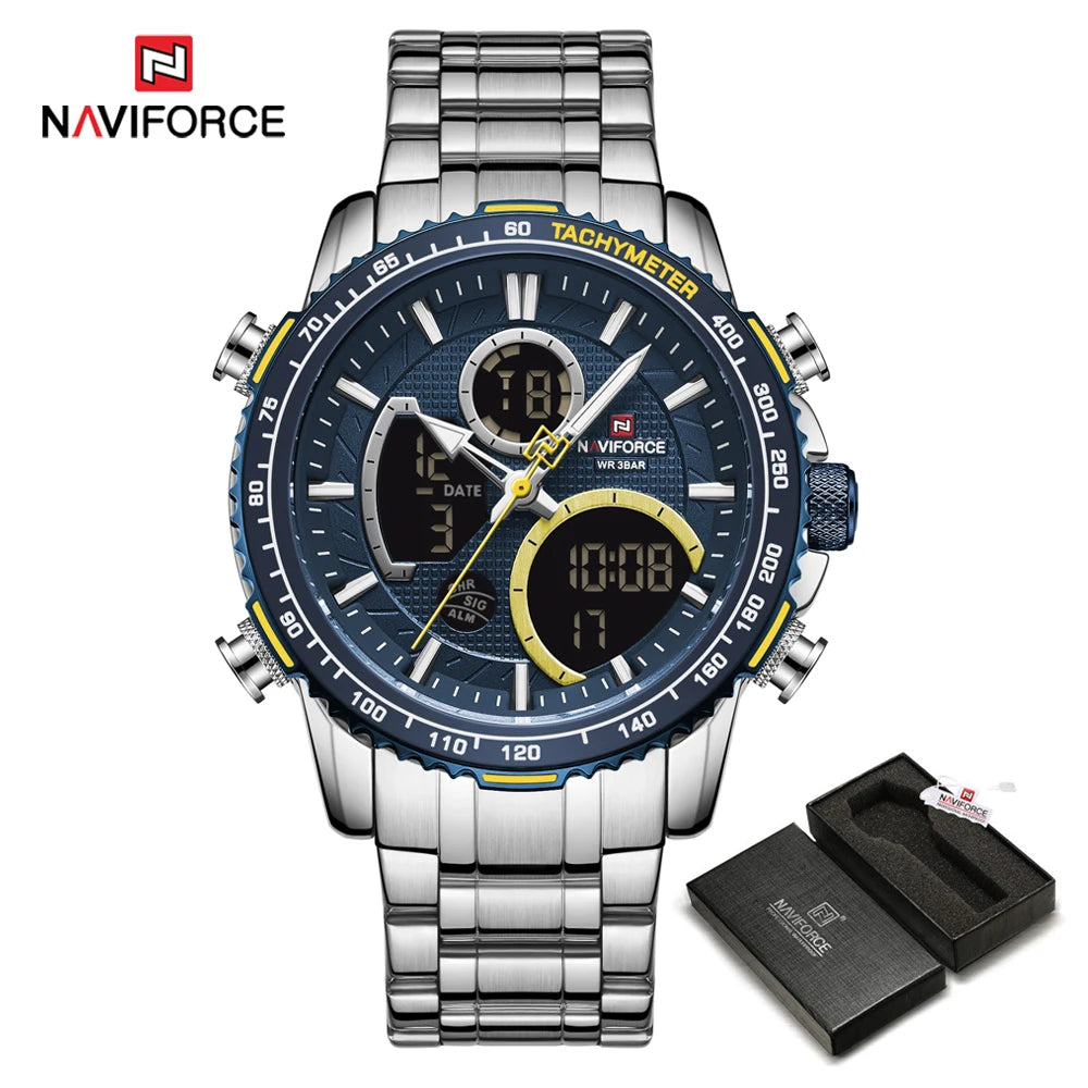 Relógio desportivo para homem NAVIFORCE – Relógio de pulso de luxo original em aço inoxidável, modelo militar estanque com duplo visor