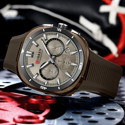 Relógio de homem CURREN – Novo modelo de luxo com movimento de quartzo, bracelete em silicone, estilo desportivo, multifunções, à prova de água, luminoso, com indicação da data e cronómetro.