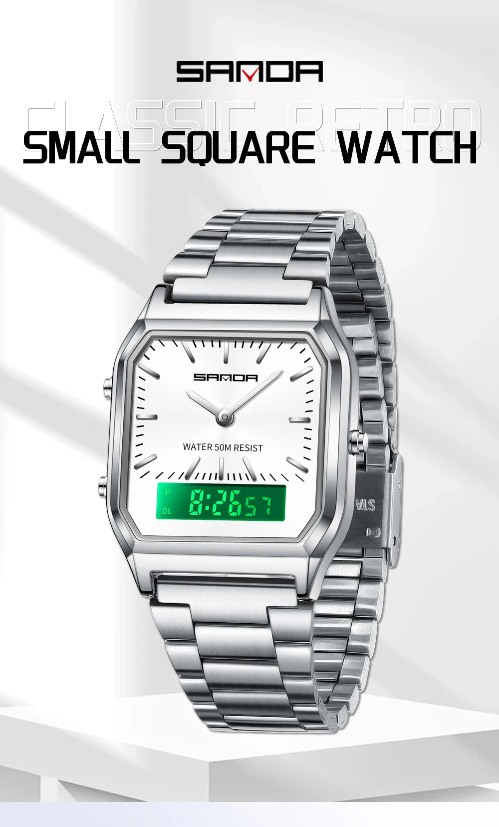 SANDA 747 Luxury Mens G Style Watches Stainless Steel Women LED Digital Dual Display Clock Unisex Waterproof Sports Quartz Watch