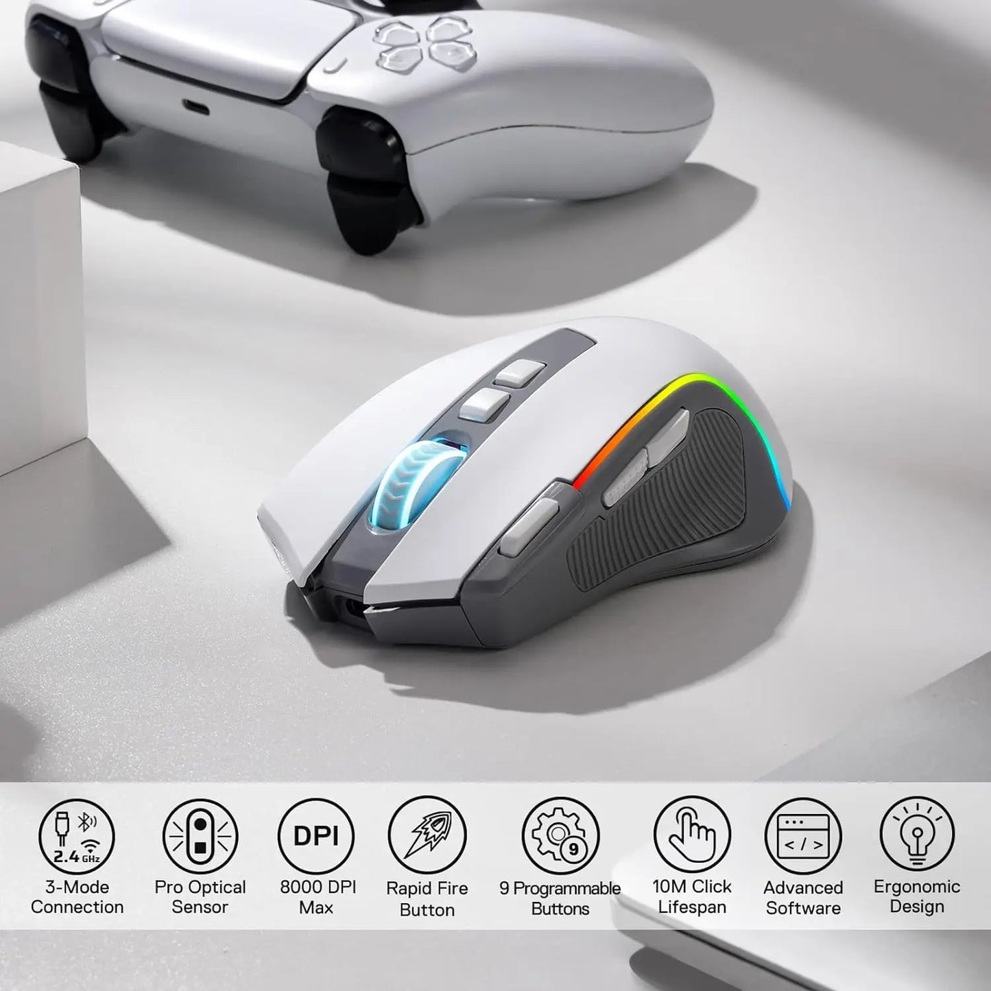 Redragon M612 PRO RGB BT 2.4G Gaming Gamer Mouse, 8000 DPI Wireless Optical 9 Programmable Buttons 7 Backlit Modes, B