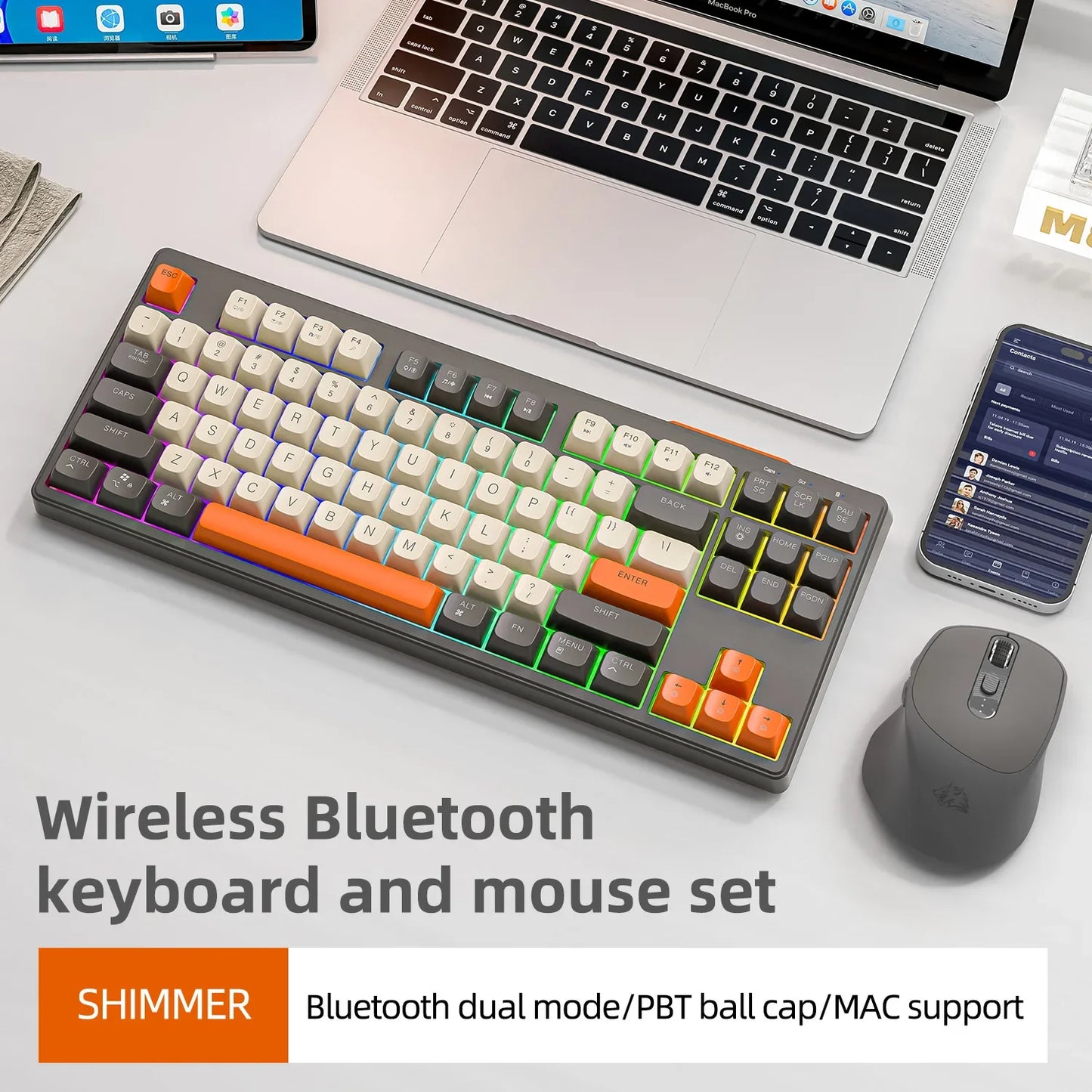 Teclado M87 inalámbrico Bluetooth de doble modo, sensación mecánica, gaming y oficina, silencioso, teclas esféricas PBT, luz arcoíris