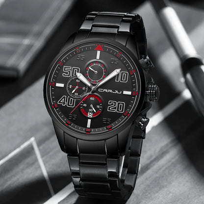 Montre pour homme CRRJU – Chronographe de luxe, grand cadran, acier inoxydable, étanche, avec affichage de la date