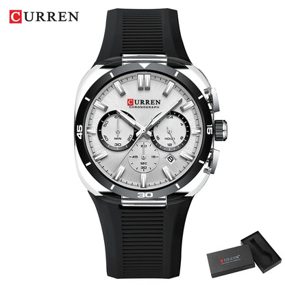 Relógio de homem CURREN – Novo modelo de luxo com movimento de quartzo, bracelete em silicone, estilo desportivo, multifunções, à prova de água, luminoso, com indicação da data e cronómetro.