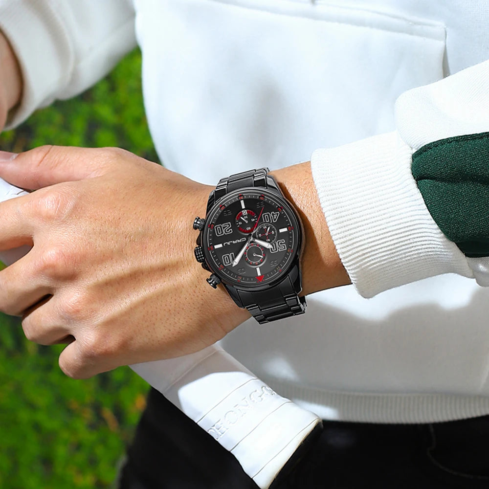 Montre pour homme CRRJU – Chronographe de luxe, grand cadran, acier inoxydable, étanche, avec affichage de la date