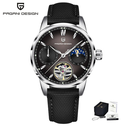 PAGANI DESIGN – Montre mécanique de luxe pour homme, 41 mm, verre saphir, bracelet en cuir, étanche, style pilote, avec tourbillon et phase de lune
