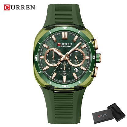 Relógio de homem CURREN – Novo modelo de luxo com movimento de quartzo, bracelete em silicone, estilo desportivo, multifunções, à prova de água, luminoso, com indicação da data e cronómetro.