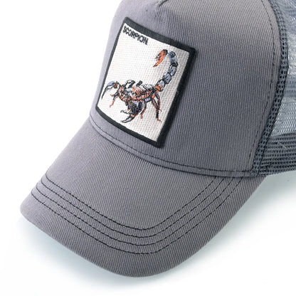 Unisex-trucker-kasket med broderet skorpion-patch, baseballkasket til mænd, snapback-hiphop-kasket til kvinder, udendørs kasket med visir i åndbart materiale