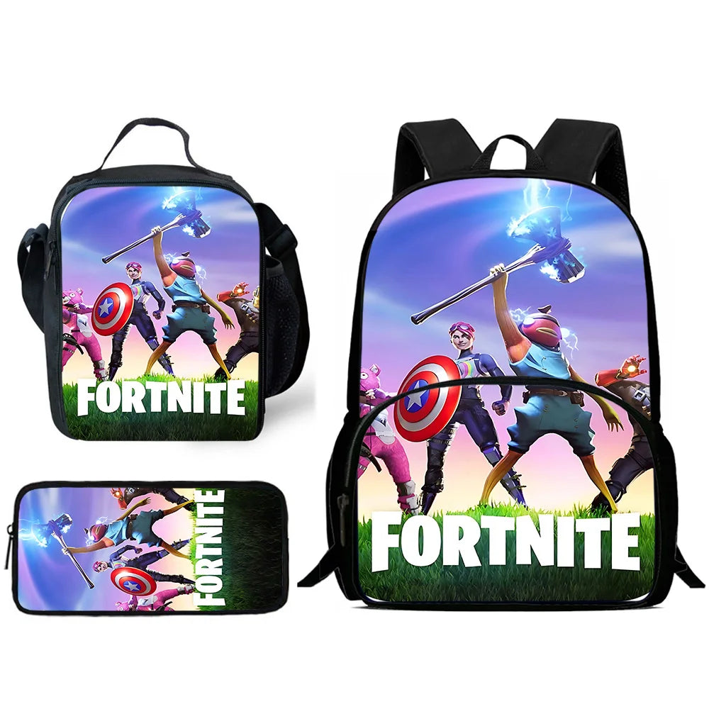 Kinder-Rucksack-Set im angesagten Gaming-Design mit Lunchbag und Federmäppchen, große Kapazität, Schultaschen für Jungen und Mädchen, ideales Geschenk F-FortniteS