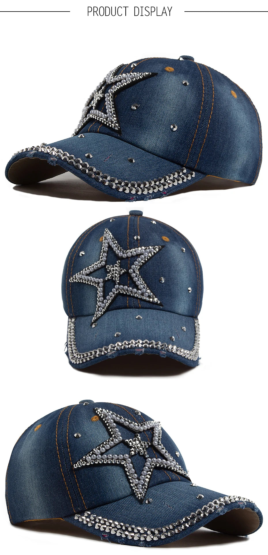 Y2K Pentagram Denim Cloth Baseball Cap Women Fashion Vintage Snapback Men Female Hip hop Shiny Rhinestone Hat For Spring Autumn