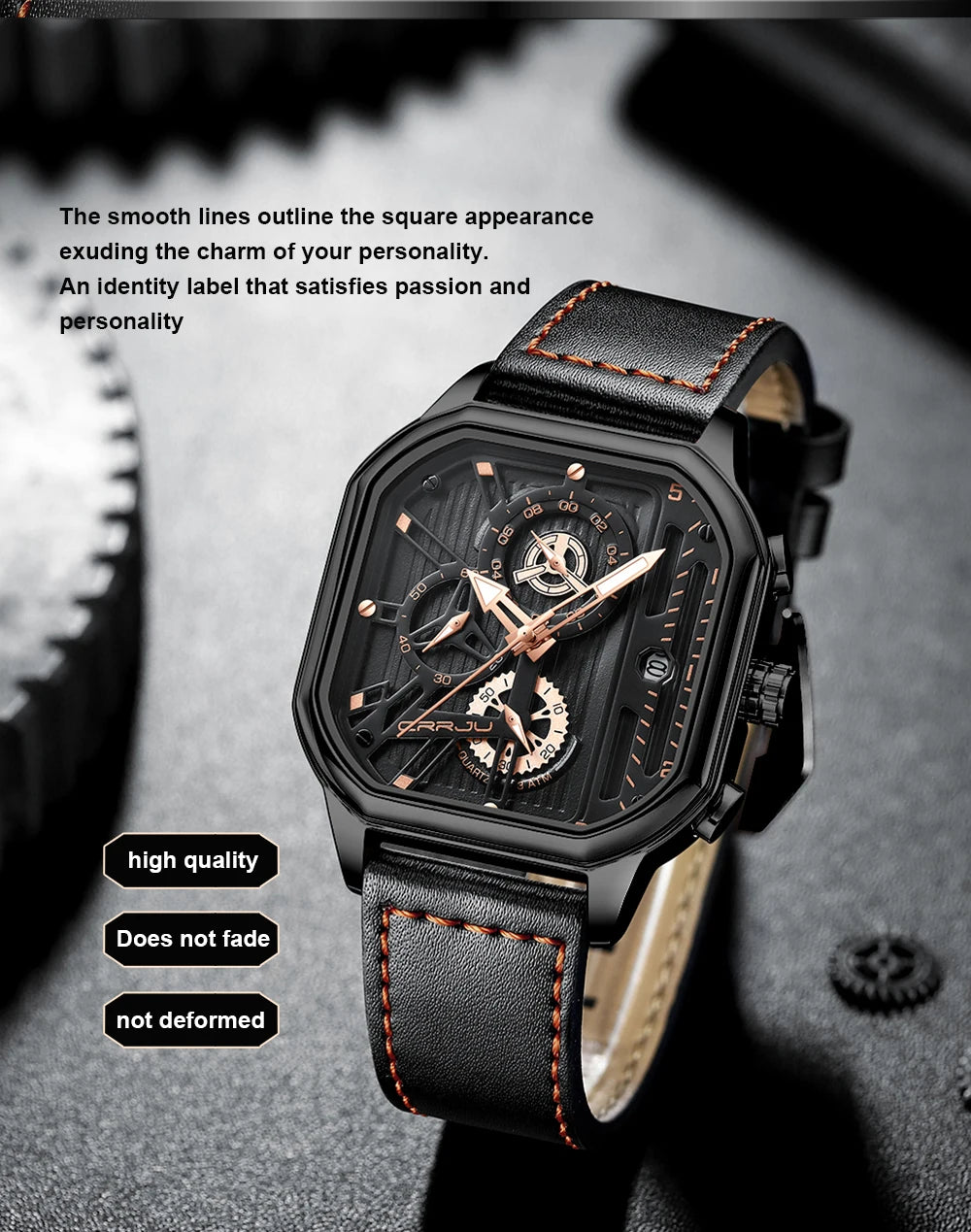CRRJU Fashion Square Dial Leather Mens Watches Luxury Sport Waterproof Watch Man Chronograph Quartz WristWatches Homme+Box
