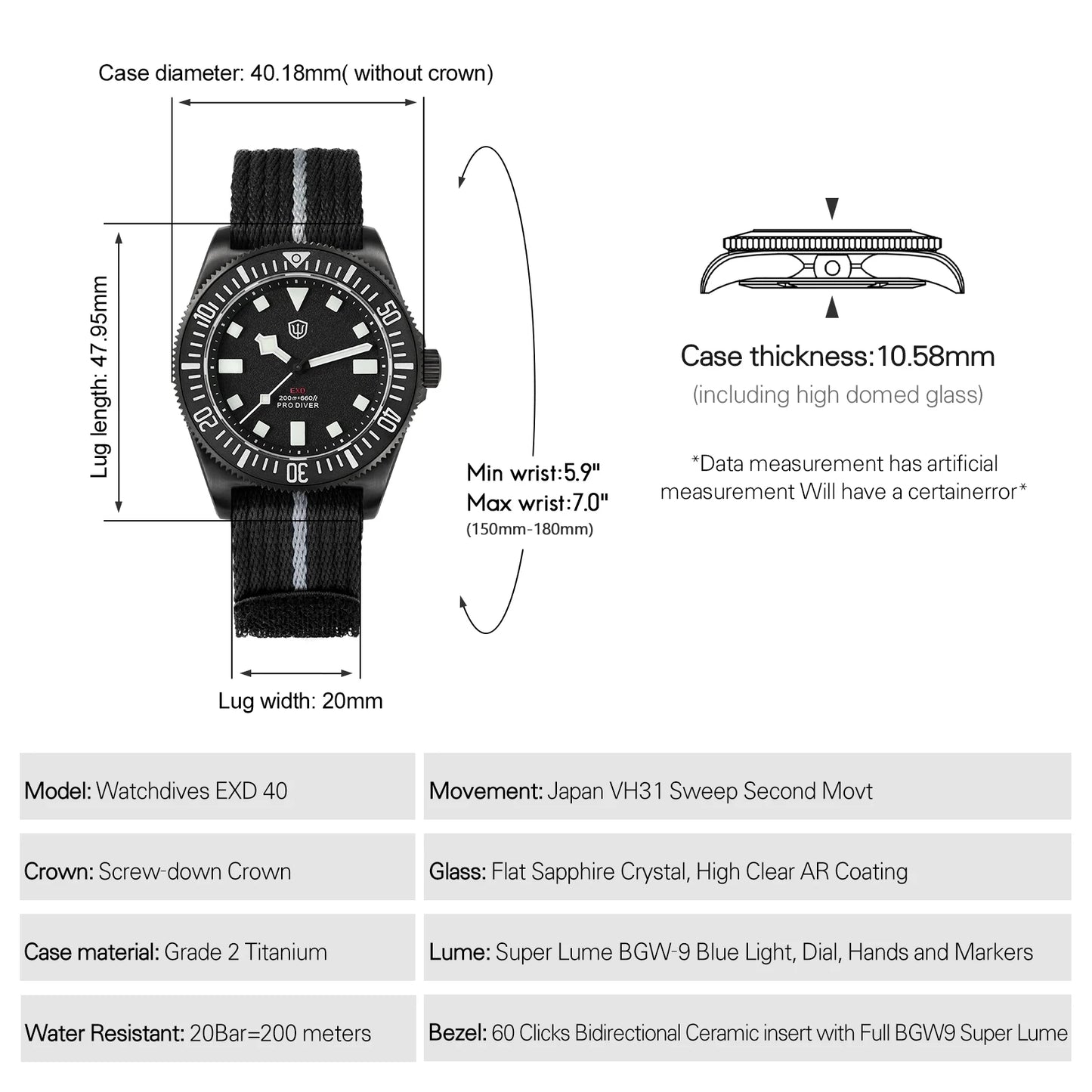 Watchdives EXD V2 40mm Titanium Watch Exchangeable X Design VH31 Sweep Second Movement Quartz Watches Luminous Waterproof 200M