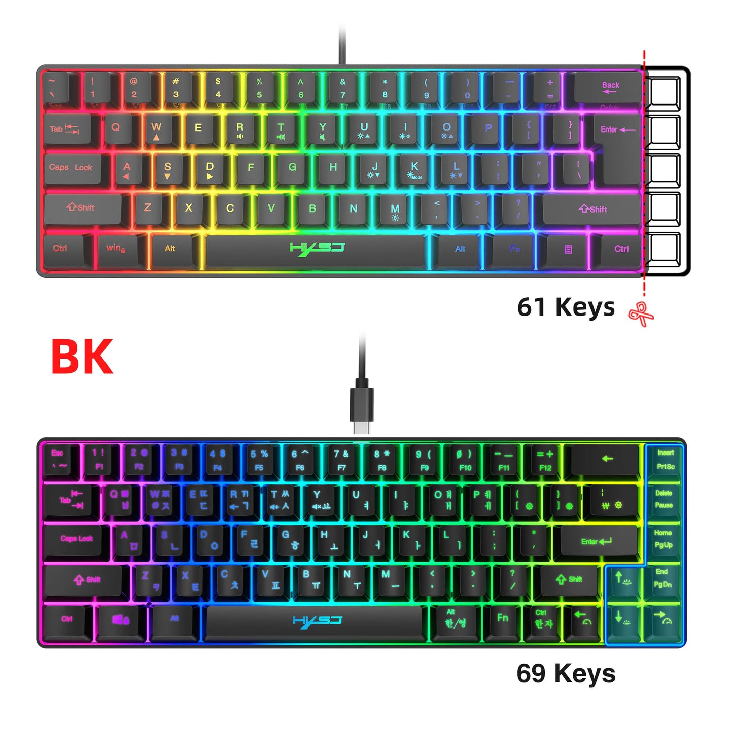 68 Keys Gaming Keyboard USB Wired Portable 20 RGB Backlight Korean Keyboard for Windows Laptops Computer