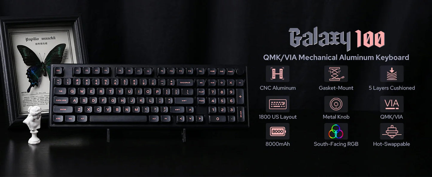 EPOMAKER Galaxy100 QMK/VIA 1800 ANSI Layout Aluminum Gasket Wired/BT5.0/2.4Ghz Mechanical Gaming Keyboard with 8000mAh Battery