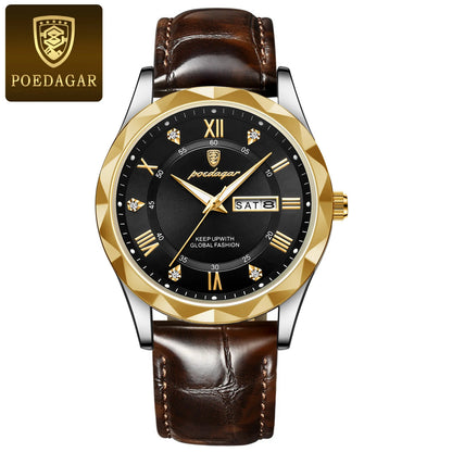 POEDAGAR herreur, originalt luksusmodel: vandtæt, selvlysende, med dato- og ugedagsvisning. Kvartsur i klassisk og professionel stil, udstyret med et læderarmbånd.