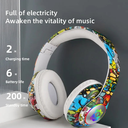 New Graffiti Wireless Overhead Headset with Mic LED Light LX-8686 High Quality TF Card Bluetooth Headphones for PC Gaming Child