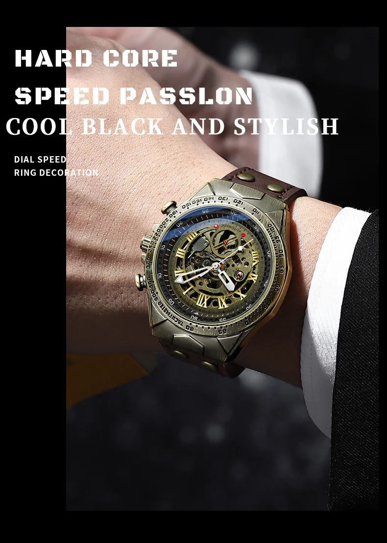 UTHAI Retro Men Watch Business Waterproof Bronze Automatic Mechanical Machine Watch Leather Strap Male Fashion Clock Wristwatch