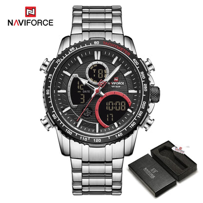 Relógio desportivo para homem NAVIFORCE – Relógio de pulso de luxo original em aço inoxidável, modelo militar estanque com duplo visor
