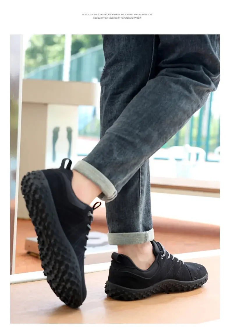 Zapatos de cuero de ante y tejido PU con puntera ancha, antideslizantes, para senderismo, trabajo, deporte masculino y caminatas al aire libre para mujer