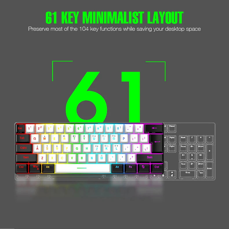 61-key wired white, black and blue switch waterproof mechanical keyboard RGB illuminated game and office kit PUBG gamer backlit