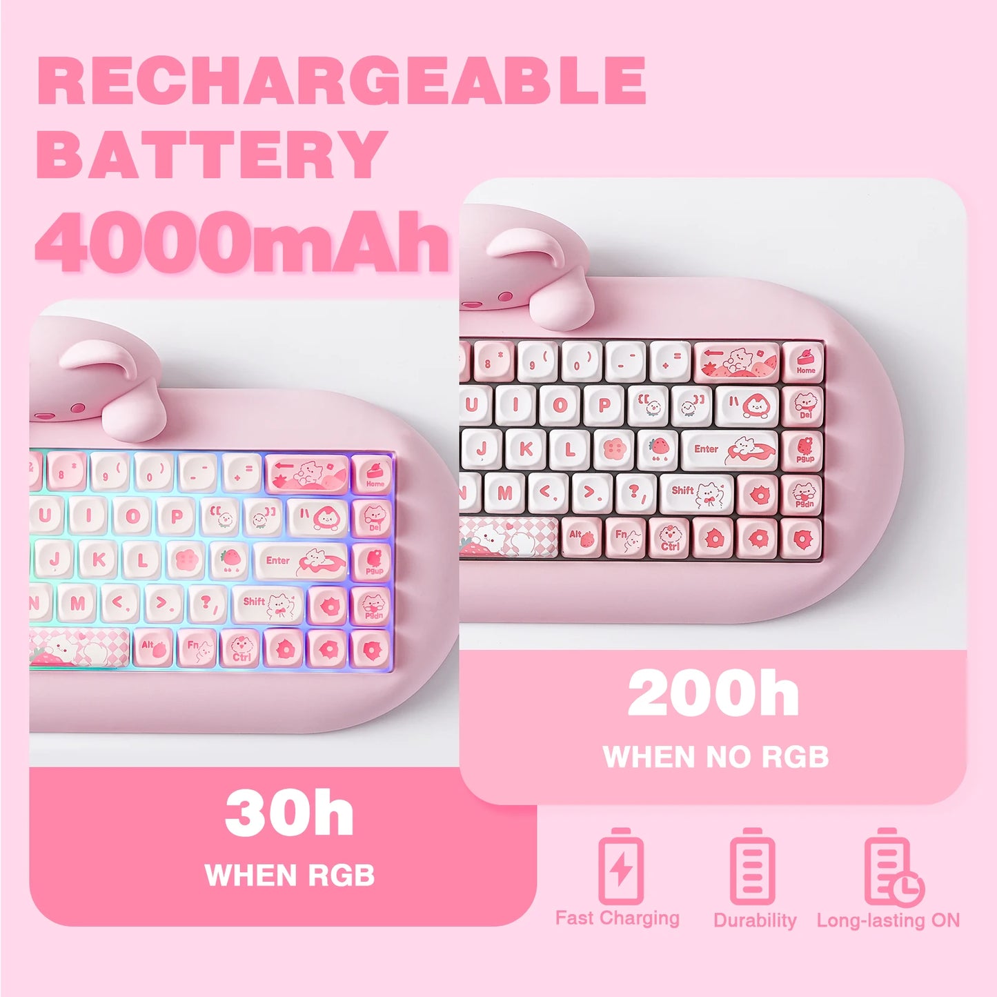 YUNZII C68 Pink 65% Hi-Fi Cute Cat Silicone Hot Swap NKRO Ergonomic Wireless BT5.0/2.4G/Wired RGB Mechanical Gaming Keyboard