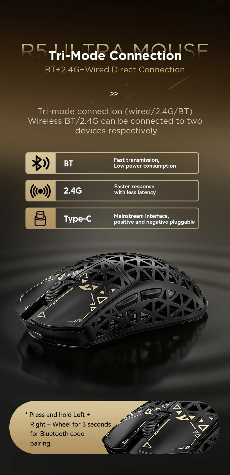 ATTACK SHARK R5 Ultra Carbon Fiber bezdrátová herní myš, herní snímač PixArt PAW3950MAX, 42000DPI, 8000Hz, MCU Nordic 52840