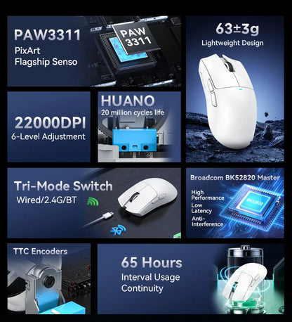 ATTACK SHARK X11SE Wireless Gaming Mouse, Tri-Mode, 63g Superlight With PAW3311 Sensor, 22000 DPI, 300mAh Battery, Dual Driver