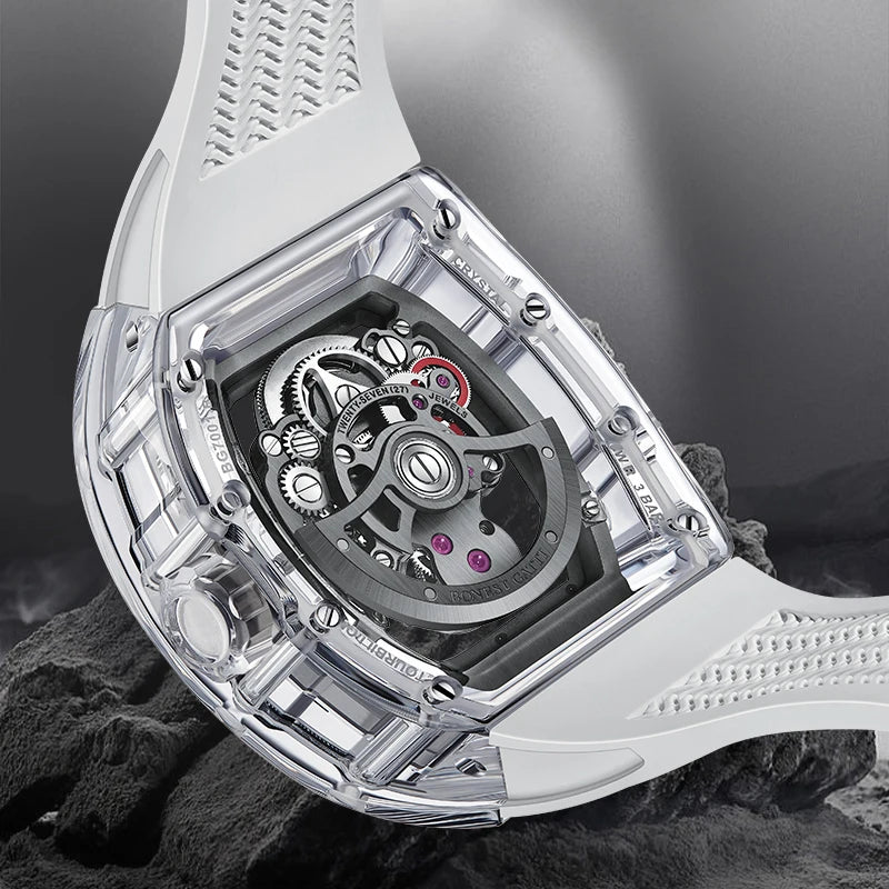 BONEST GATTI Automatic Movement Tourbillon Mechanical Wristwatch Crystal Case Luminous Watch Fluororubber Strap Watches for Men