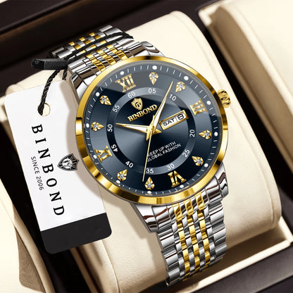 Relógio de pulso de luxo BINBOND com movimento de quartzo para homem – Impermeável, luminoso, com indicação do dia da semana – Estilo empresarial, desportivo, moderno e casual