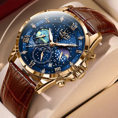 Relógio para homem LIGE – Relógio de quartzo de luxo, estilo descontraído, bracelete em pele, ideal para o trabalho ou para a prática desportiva, resistente à água, com data e cronógrafo.