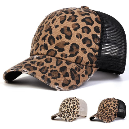 Unisexová kšiltovka s leopardím potiskem a vyšívanými otvory, baseballová síťovaná kšiltovka, jarní a podzimní outdoorová nastavitelná ležérní čepice, sluneční čepice, sportovní kšiltovka