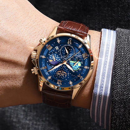 Relógio para homem LIGE – Relógio de quartzo de luxo, estilo descontraído, bracelete em pele, ideal para o trabalho ou para a prática desportiva, resistente à água, com data e cronógrafo.