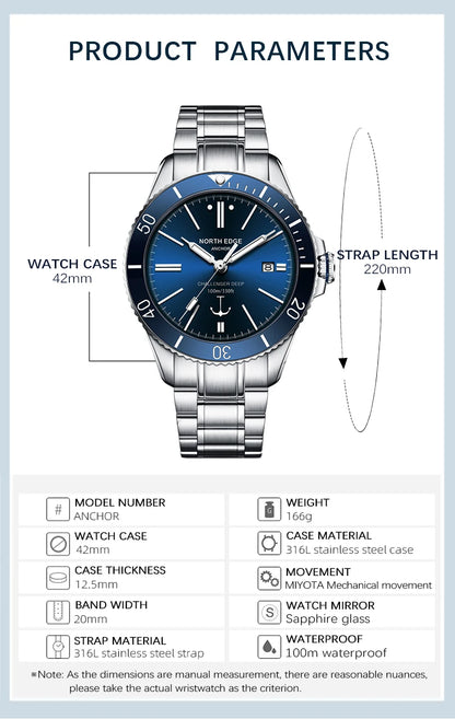NORTH EDGE 42mm Men Mechanical Wristwatch Luxury Sapphire Glass MIYOTA 8215 Automatic Watches 10bar Waterproof Watch Men ANCHOR