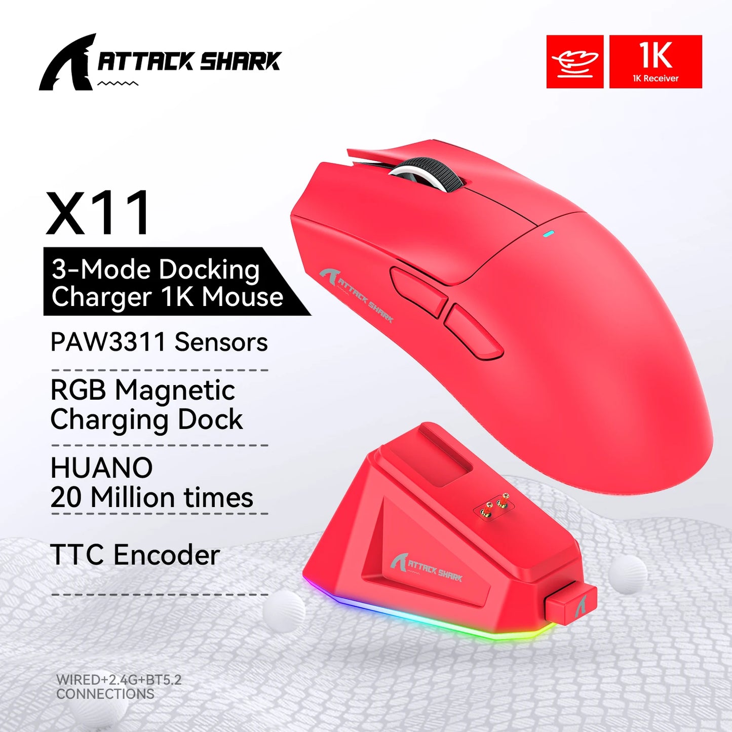 Attack Shark R1/X11 Tri-Mode Wireless Gaming Mouse 18K DPI PAW3311 Bluetooth/2.4GHz/Wired Lightweight Programmable for PC/Laptop