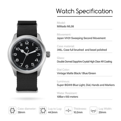 Militado ML08 Quartz Watch VH31/Ronda 515 Quartz Movement Vintage Watch Double Domed Sapphire Crystal BGW9 Luminous Men's Watch