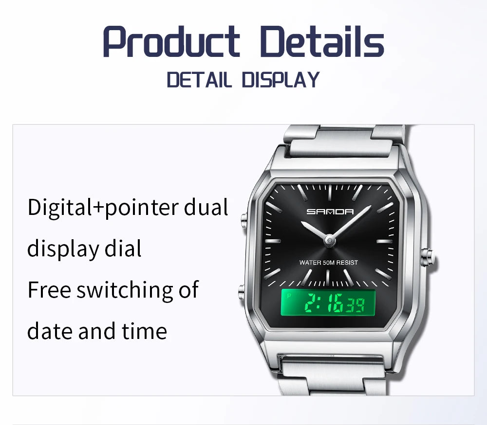 SANDA 747 Luxury Mens G Style Watches Stainless Steel Women LED Digital Dual Display Clock Unisex Waterproof Sports Quartz Watch