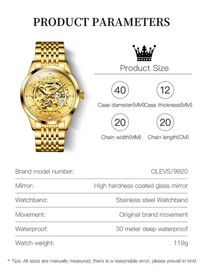 OLEVS 9920 Original Skeleton Men's Watches Solid Stainless Steel Waterproof Luminous Man Watch Luxury Automatic Mechanical Watch